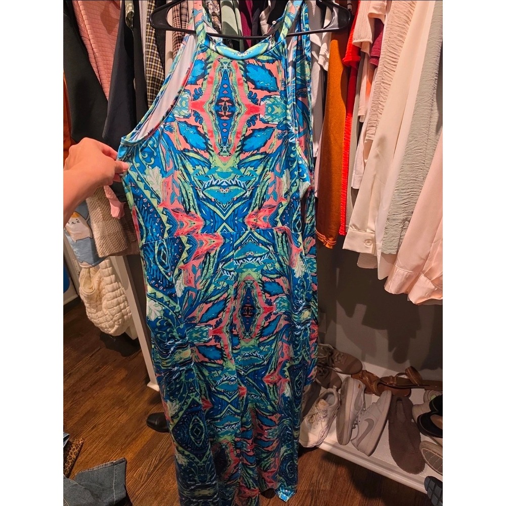 Shein Curve Psychedelic Kaleidoscope Print Halter Jumpsuit Blue Green 1XL